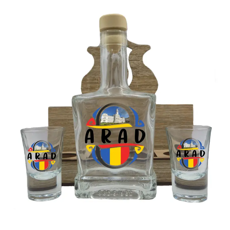 Arad romania, suport din lemn cu sticla si 2 pahare, model hgs026